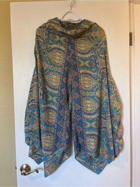 Boho Paisley Hooded Shawl in Teal and Gold